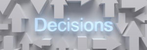 backdrop of arrows pointing different directions with the word Decisions in the center