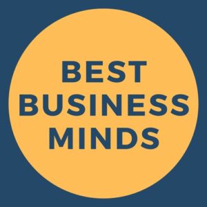 Best Business Minds logo yellow circle on blue background